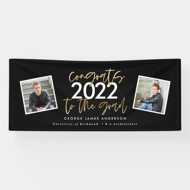 Black + gold modern script multi photo graduation banner (Horizontal)