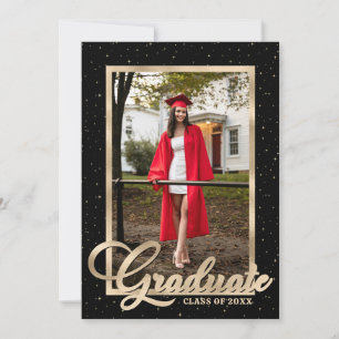 Black Gold Modern Script Photo Graduation Party Invitation