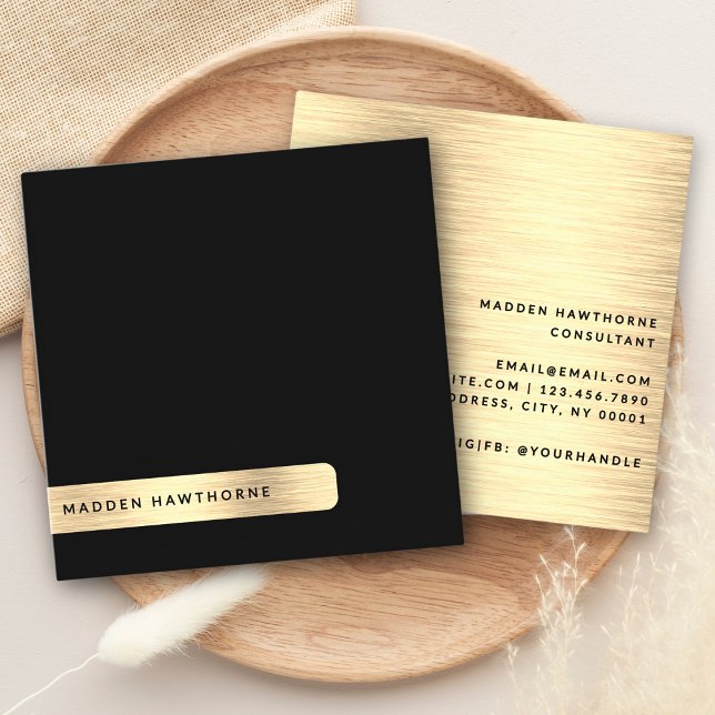 Black Gold Modern Simple Minimal Brushed Metal Square Business Card (Creator Uploaded)