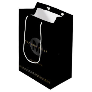 Black & gold modern simple personalised monogram medium gift bag