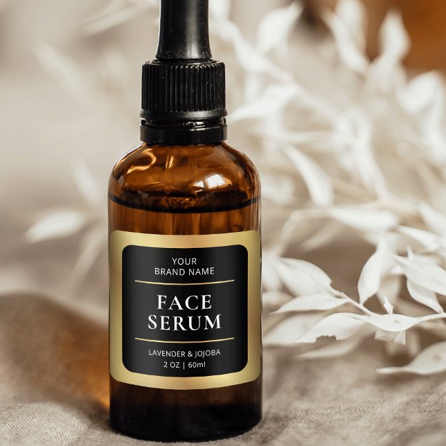 Black & Gold Modern Skincare Product Packaging Square Sticker (Elegant black and gold square product stickers, great for any type of product)
