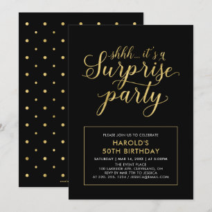 Black & Gold   Modern Surprise 50th Birthday Party Invitation
