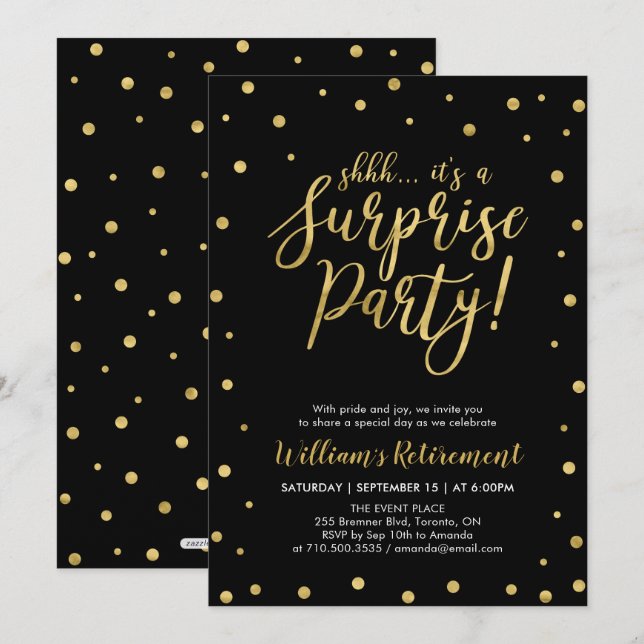 Black & Gold | Modern Surprise Retirement Party Invitation (Front/Back)