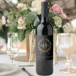 Black gold monogram 50th wedding anniversary wine label