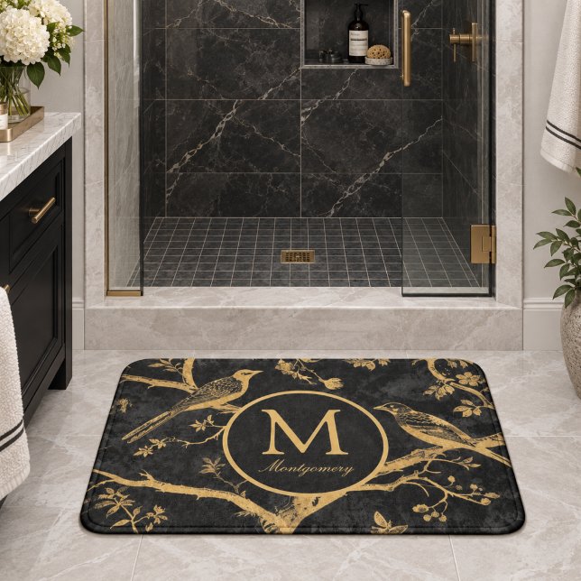 Black Gold Monogram  Bath Mat (elegant chic black and gold birds toile style bath mat with custom monogram initial and family name)