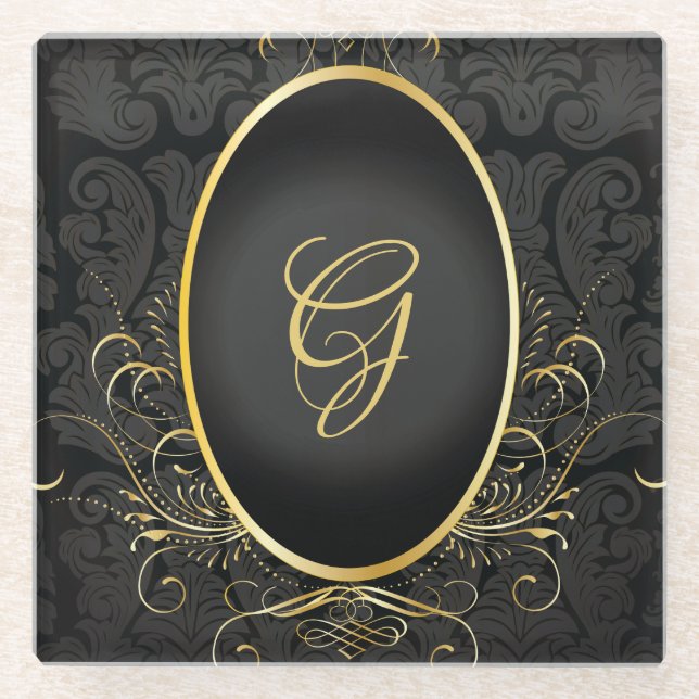 Black gold Monogram Classy Royal Style Coaster (Front)