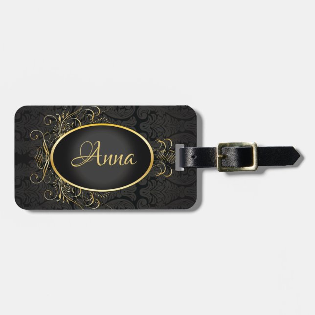 Black gold Monogram Classy Royal Style Luggage Tag (Front Horizontal)
