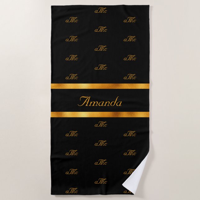 Black gold monogram couple initials pattern name beach towel (Front)