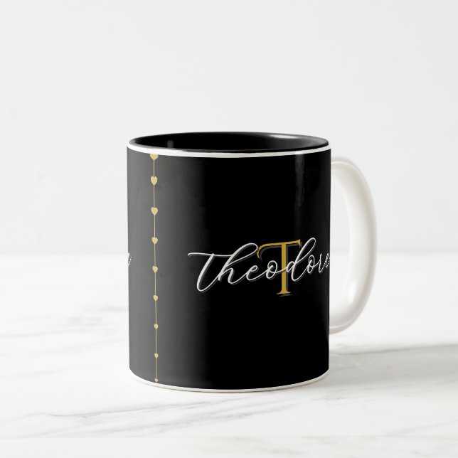 Black Gold Monogram Couple Names Keepsake Two-Tone Coffee Mug (Front Right)