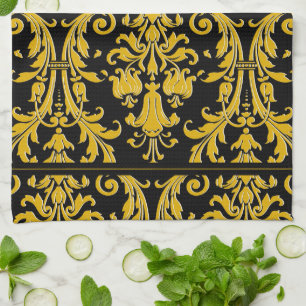 Black Gold Monogram Custom Name Floral Damask Tea Towel
