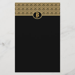 Black Gold Monogram Damask Stationery