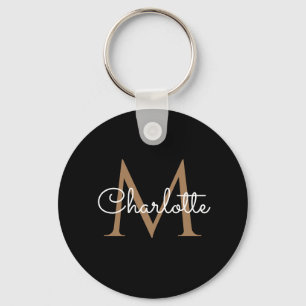 Black Gold Monogram Elegant Feminine Script Key Ring