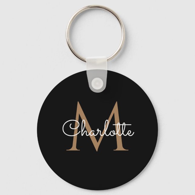 Black Gold Monogram Elegant Feminine Script Key Ring (Front)