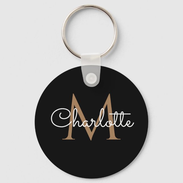 Black Gold Monogram Elegant Feminine Script Key Ring (Front)