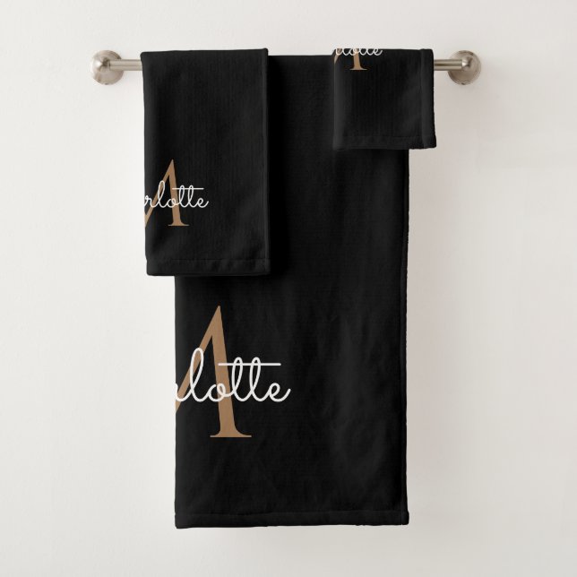 Black Gold Monogram Elegant Girly Script Bath Towel Set (Insitu)