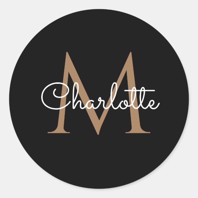 Black Gold Monogram Elegant Girly Script Classic Round Sticker (Front)