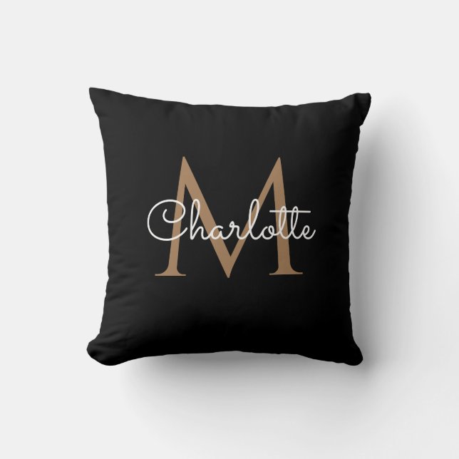 Black Gold Monogram Elegant Girly Script Cushion (Front)