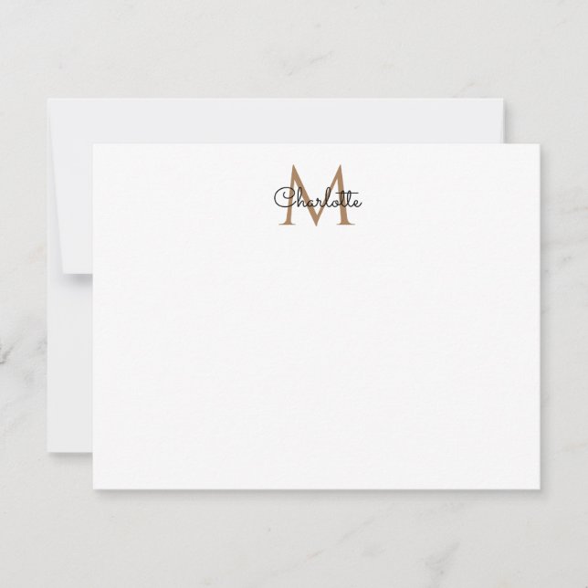 Black Gold Monogram Elegant Girly Script Note Card (Front)