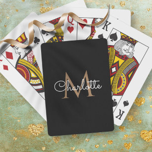 Black Gold Monogram Elegant Girly Script Playing Cards