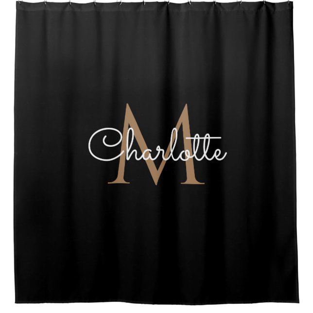 Black Gold Monogram Elegant Girly Script Shower Curtain (Front)