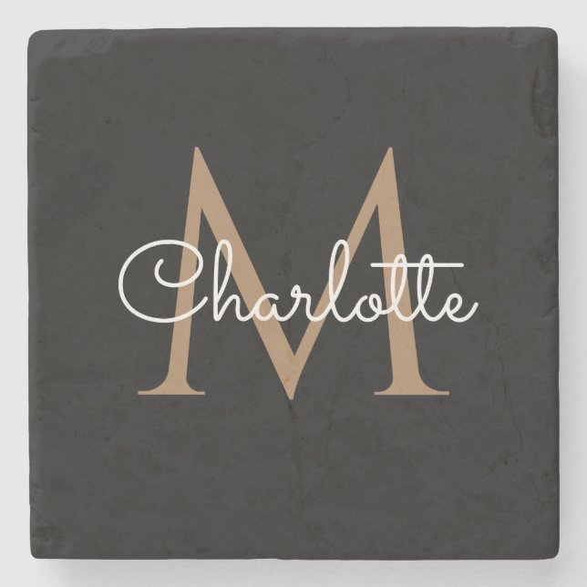 Black Gold Monogram Elegant Girly Script Stone Coaster (Front)