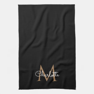 Black Gold Monogram Elegant Girly Script Tea Towel
