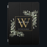 Black Gold Monogram Elegant Greenery iPad Pro Cover<br><div class="desc">Elegant watercolor greenery leaves monogram name phone caase featuring a gold monogram initial on a chic black background. Designed by Thisisnotme©</div>