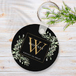 Black Gold Monogram Elegant Greenery Key Ring<br><div class="desc">Elegant watercolor greenery leaves monogram name keychain featuring a gold monogram initial on a chic black background. Designed by Thisisnotme©</div>
