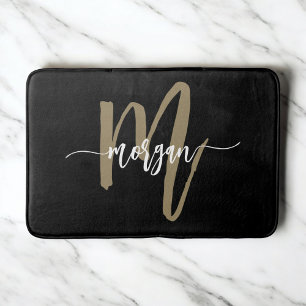 Black Gold Monogram Elegant Modern Bath Mat