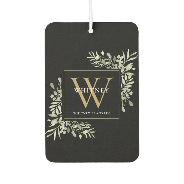 Black Gold Monogram Elegant Modern Greenery Car Air Freshener (Front)
