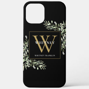 Black Gold Monogram Elegant Modern Greenery iPhone 12 Pro Max Case