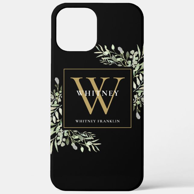 Black Gold Monogram Elegant Modern Greenery Case-Mate iPhone Case (Back)