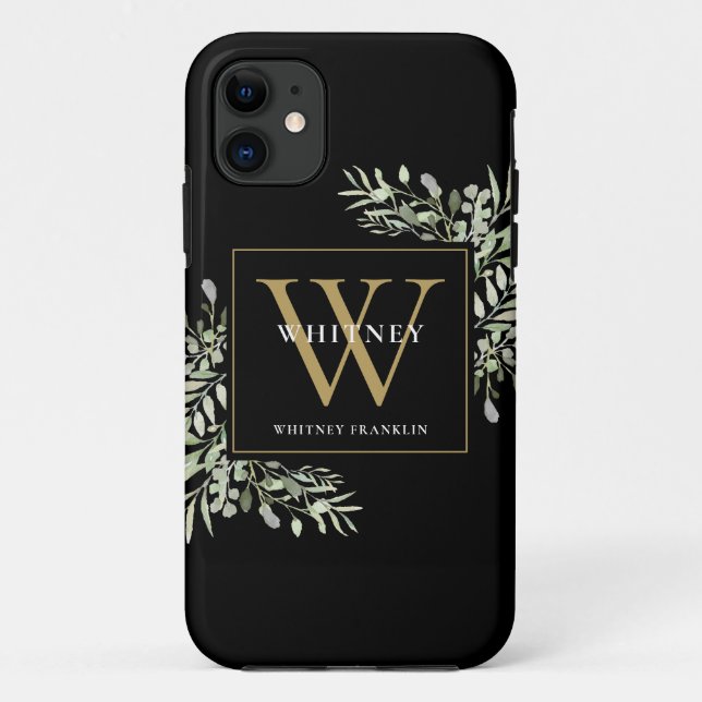 Black Gold Monogram Elegant Modern Greenery Case-Mate iPhone Case (Back)