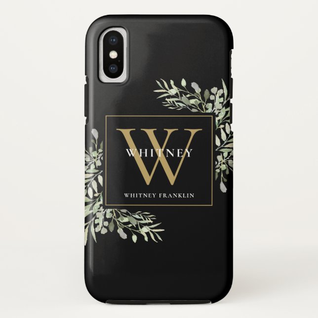 Black Gold Monogram Elegant Modern Greenery  Case-Mate iPhone Case (Back)