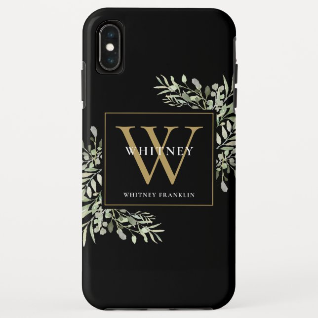 Black Gold Monogram Elegant Modern Greenery Case-Mate iPhone Case (Back)