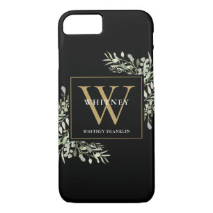 Black Gold Monogram Elegant Modern Greenery iPhone 8/7 Case