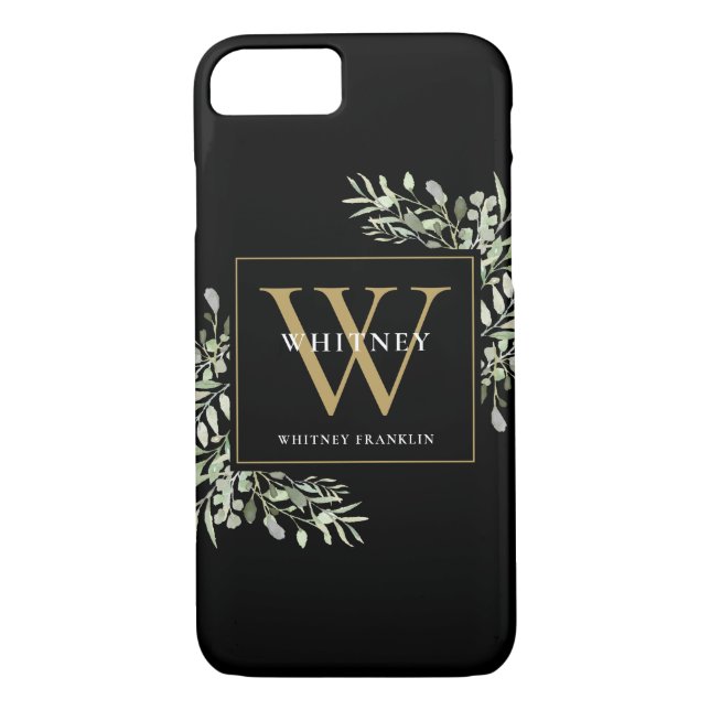 Black Gold Monogram Elegant Modern Greenery Case-Mate iPhone Case (Back)