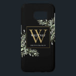 Black Gold Monogram Elegant Modern Greenery<br><div class="desc">Elegant watercolor greenery leaves monogram name phone case featuring a gold monogram initial on a chic black background. Designed by Thisisnotme©</div>