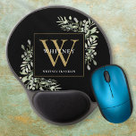Black Gold Monogram Elegant Modern Greenery Gel Mouse Mat<br><div class="desc">Elegant watercolor greenery leaves monogram name nmouse pad featuring a gold monogram initial on a chic black background. Designed by Thisisnotme©</div>