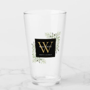 Black Gold Monogram Elegant Modern Greenery Glass