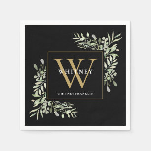 Black Gold Monogram Elegant Modern Greenery Napkin