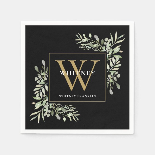Black Gold Monogram Elegant Modern Greenery Napkin (Front)