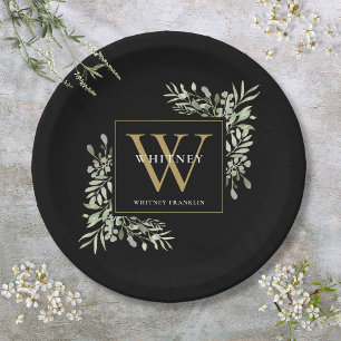 Black Gold Monogram Elegant Modern Greenery Paper Plate