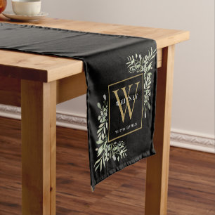 Black Gold Monogram Elegant Modern Greenery Short  Short Table Runner