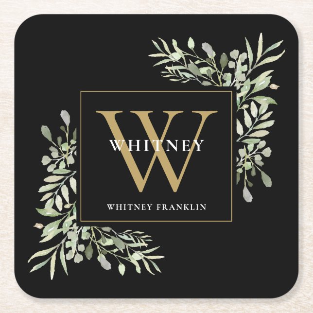 Black Gold Monogram Elegant Modern Greenery Square Paper Coaster (Front)
