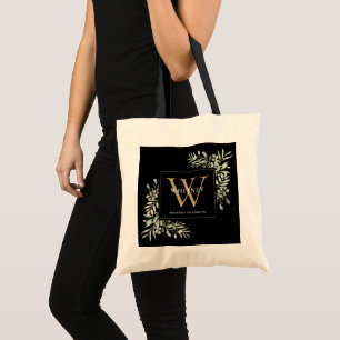Black Gold Monogram Elegant Modern Greenery Tote Bag