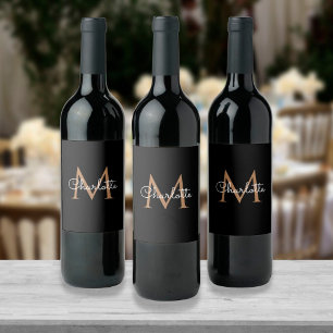 Black Gold Monogram Elegant Script Wine Label
