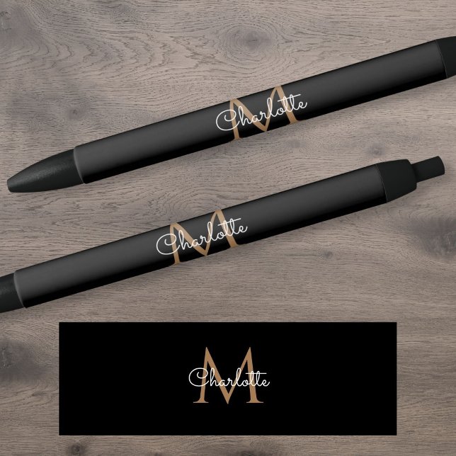 Black Gold Monogram Elegant Stylish Script Ink Pen (Black Gold Monogram Elegant Girly Script Pen)