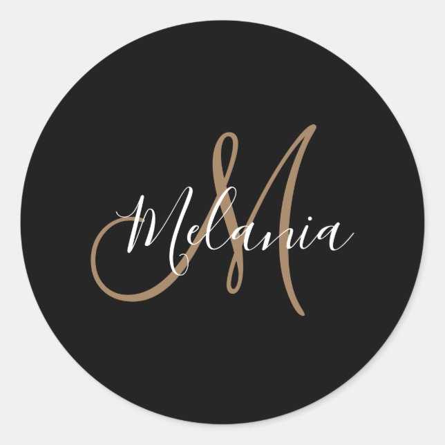  Black Gold Monogram Elegant Stylish Script Name   Classic Round Sticker (Front)