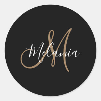  Black Gold Monogram Elegant Stylish Script Name   Classic Round Sticker